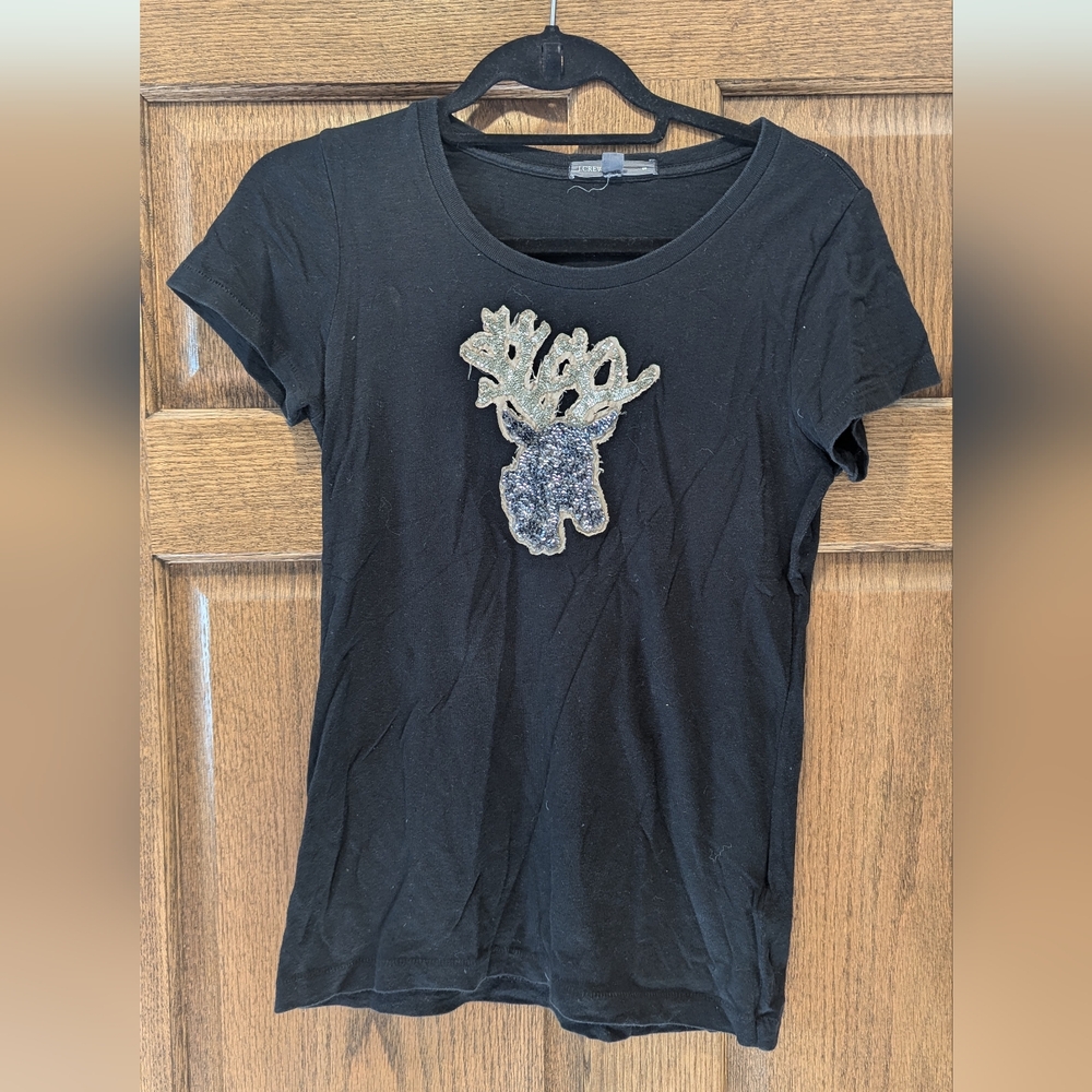 J Crew Black T-Shirt with Silver and Gold Reindeer Design